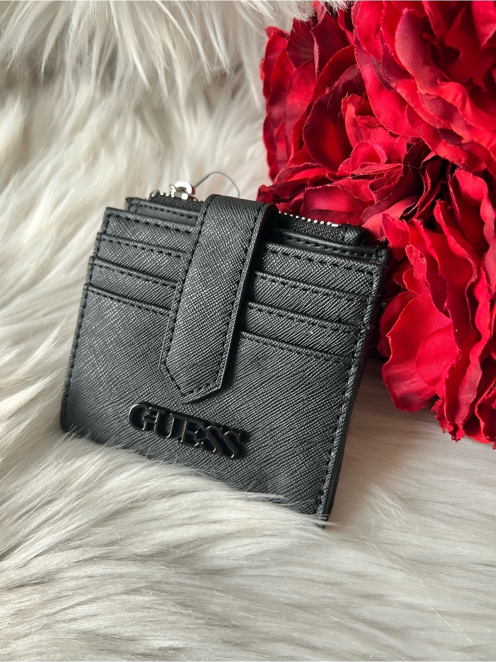 GUESS Black Saffiano Card Case Wallet with Logo